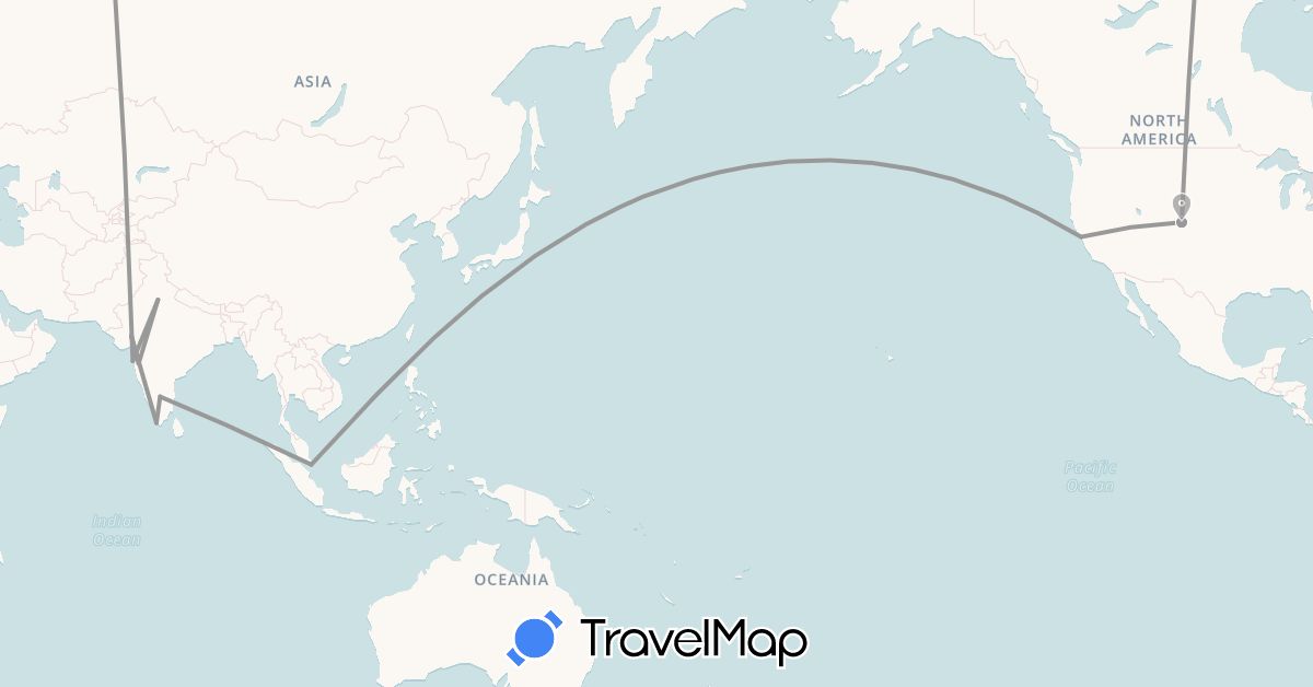 TravelMap itinerary: driving, plane in India, Singapore, United States (Asia, North America)
